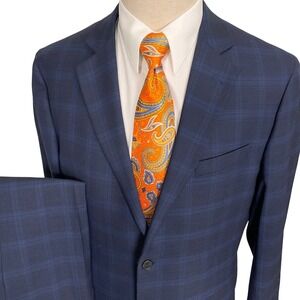 Jos. A. Bank Traveler Suit Mens 42R 36W Navy Blue Plaid Career Neutral Classic